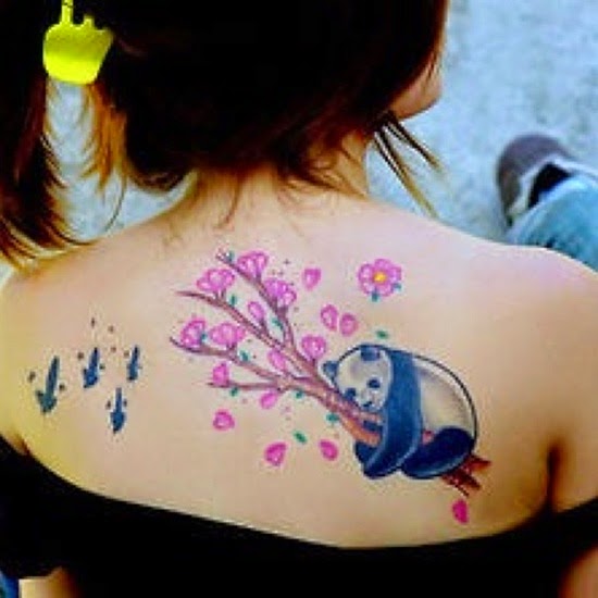 Superb Panda With Tree Branch And Pink Flowers And Birds Tattoo On Upper Back