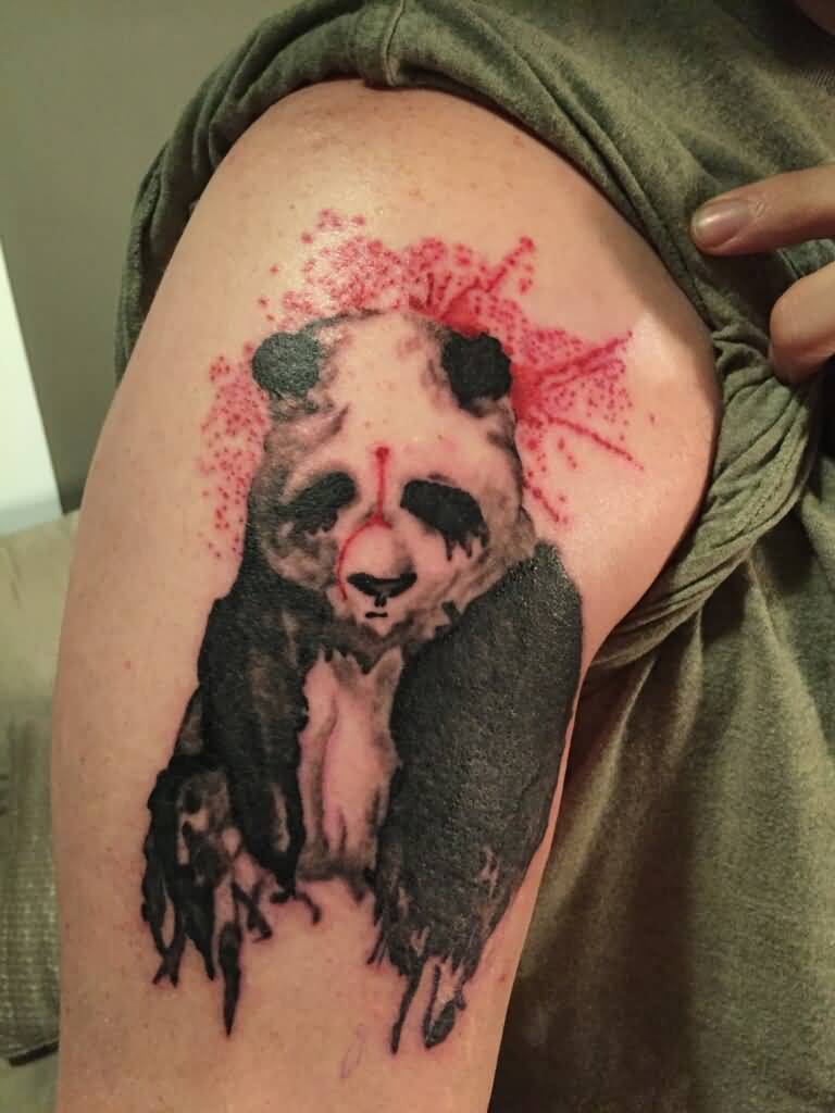 Superb Sad Panda In Watercolor Tattoo On Half Sleeve