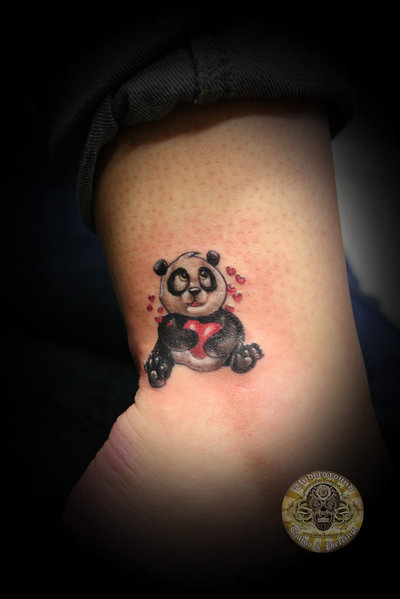 Sweet Baby Panda With Little Hearts Tattoo On Half Sleeve