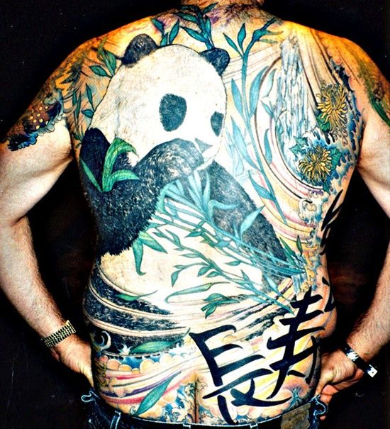 Sweet Colorful Panda With Bamboo Leaves Tattoo On Full Back
