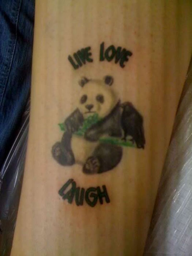Sweet Little Panda With Live Love Laugh Tattoo On Arm Sleeve