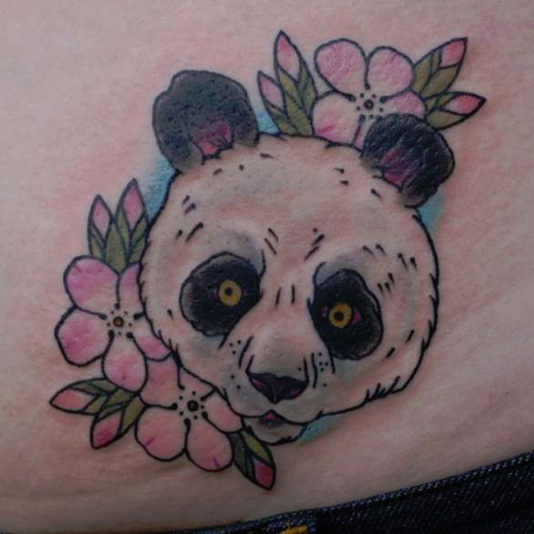 Sweet Panda Face With Flowers And Leaves Tattoo