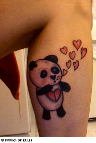Sweet Panda Whistling With Love Hearts Tattoo On Leg