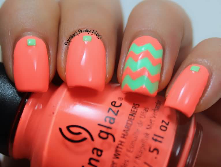 Teal And Orange Accent Chevron Nail Art