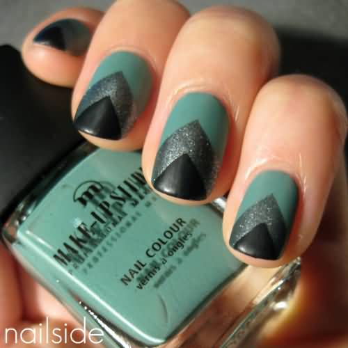 Teal, Silver And Black Chevron Nails