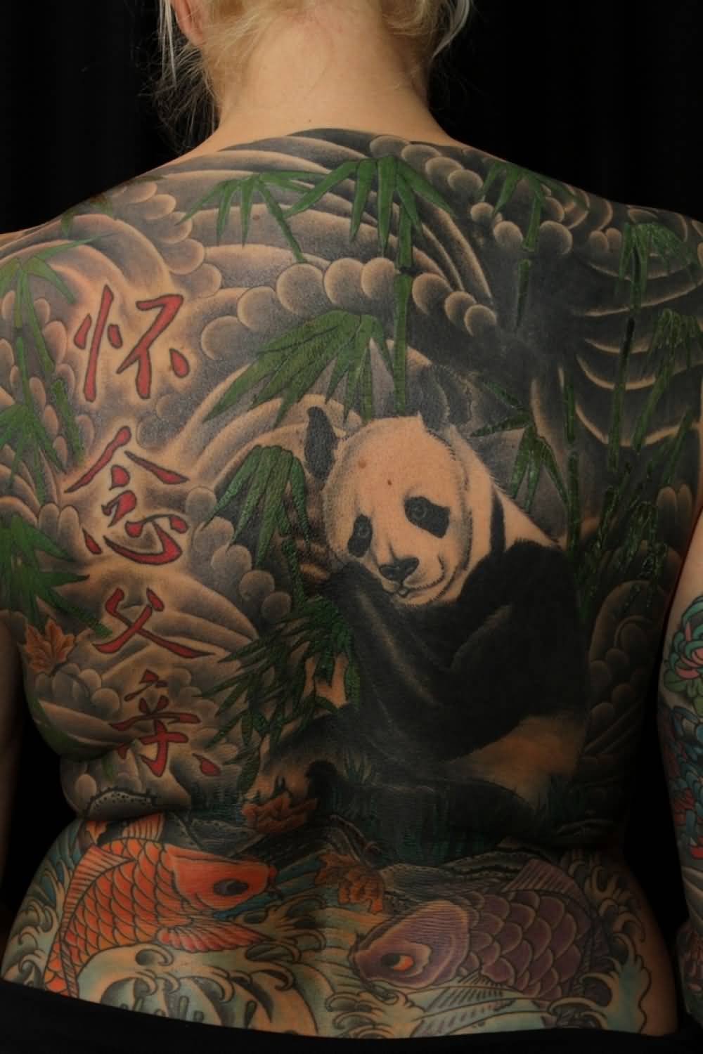 Terrific Colorful Panda With Fishes And Bamboos Tattoo On Full Back
