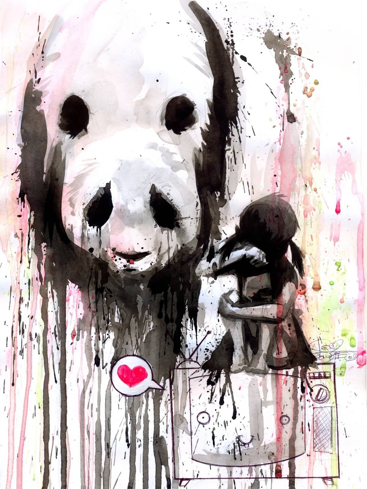 Terrific Panda With Girl And T.V Set Watercolor Tattoo Design