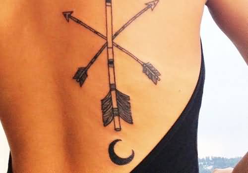 Three Vintage Crossed Arrows With Moon Tattoo On Back For Girl