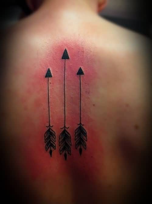 Threesome Arrows Tattoo On Upper Back For Men