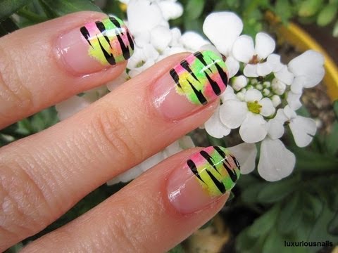 Tiger Print Stripes Neon French Tip Nail Art