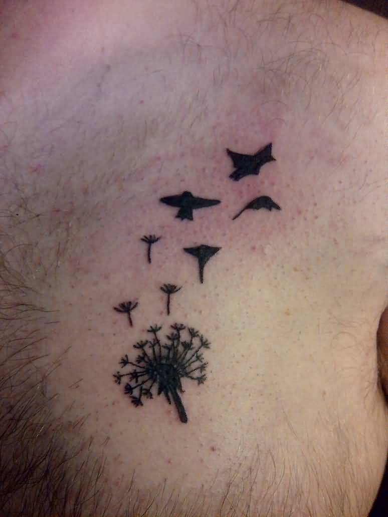 Tiny Black Birds Flying From Dandelion Tattoo On Stomach