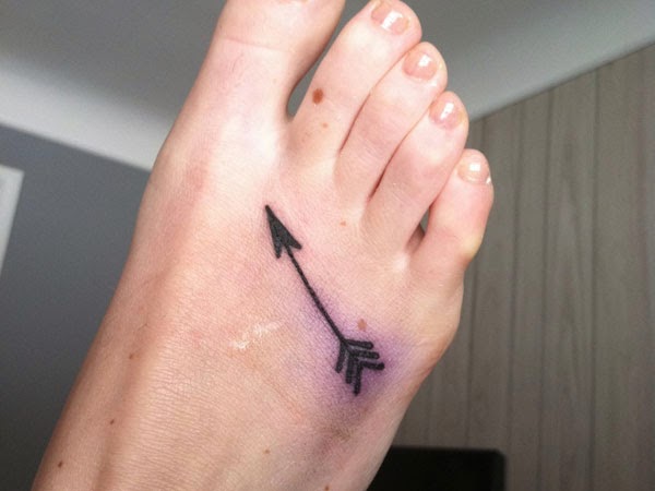 Tiny Black Ink Arrow Tattoo On Foot