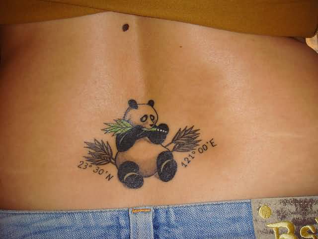 Tiny Panda Bear Eating Bamboo Leaves Tattoo On Lower Back