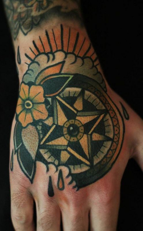 Traditional Compass Tattoo On Right Hand