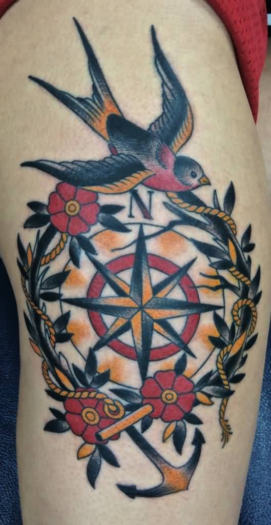 Traditional Feminine Compass Tattoo On Side Leg