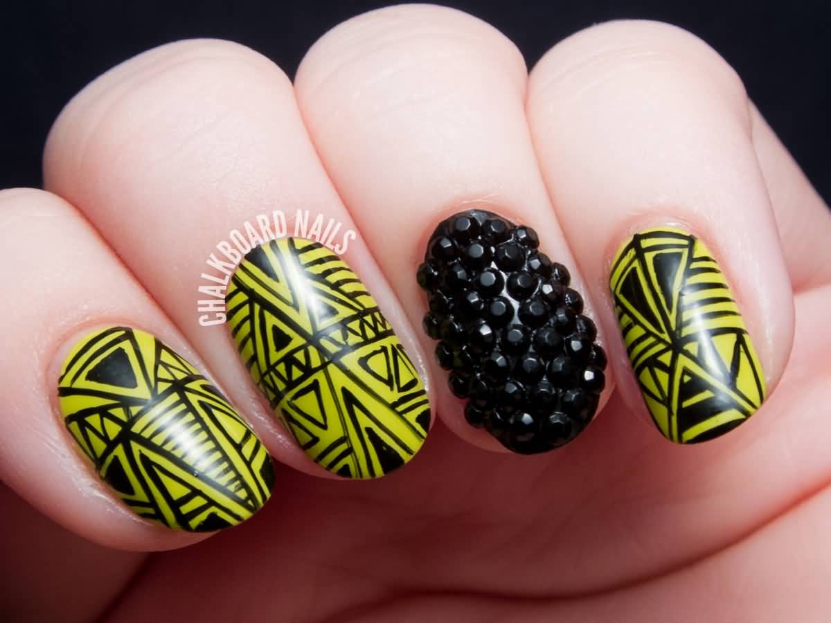 Tribal Nails Design With Accent Caviar Beads Nail Art