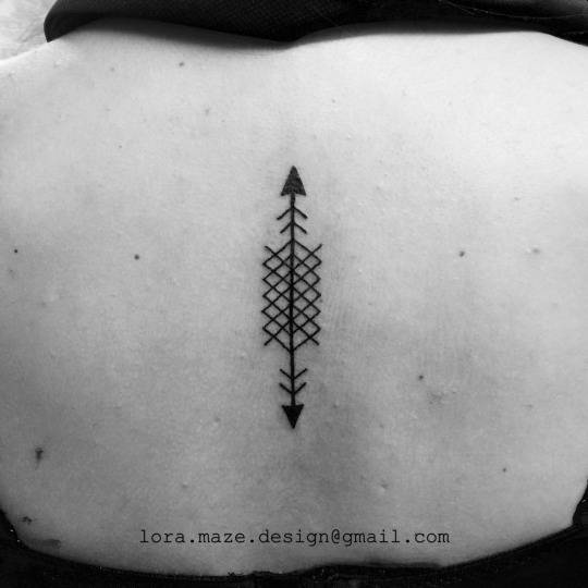 Two Headed Geometric Style Arrow Tattoo On Upper Back By Lora