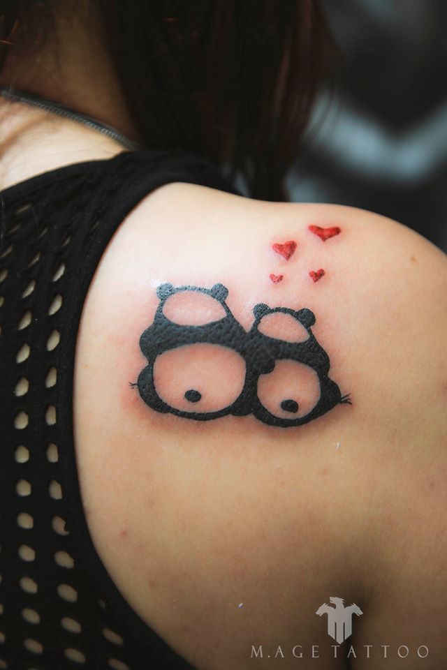 Two Small Panda Couple Sitting Together Tattoo On Right Shoulder