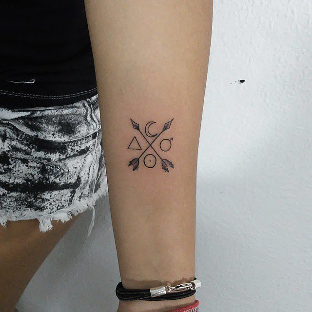 Two Tiny Crossed Arrows With Sun And Moon With Triangle Tattoo On Forearm