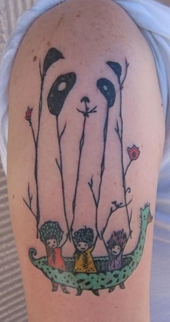 Very Creatively Designed Panda Face Tattoo On Half Sleeve