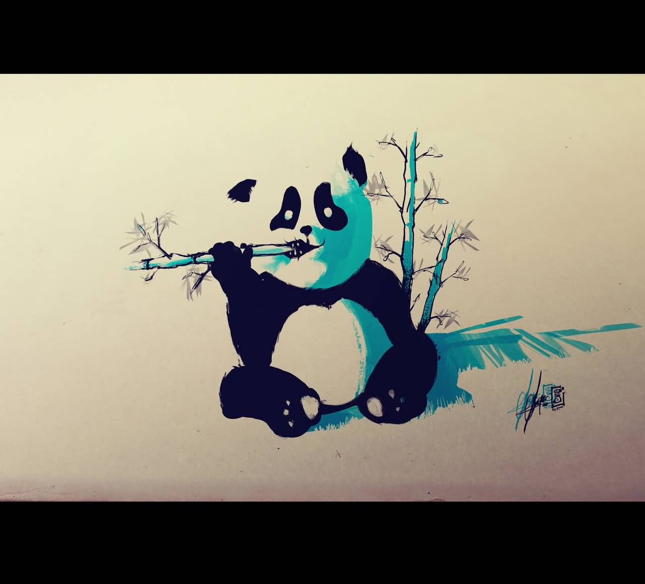 Very Cute Baby Panda Eating Bamboo Watercolor Tattoo Design