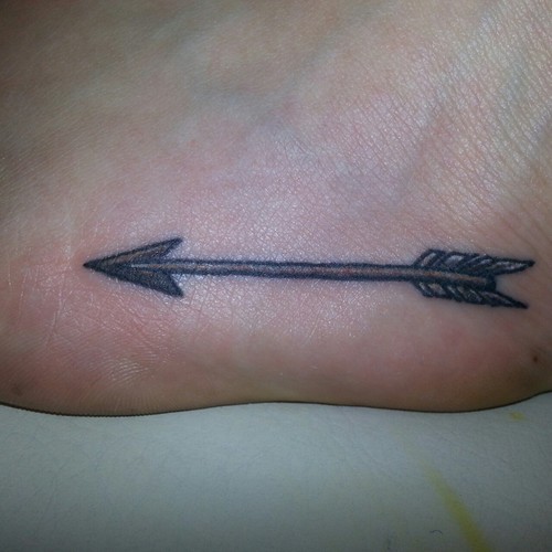Very Nice Black Ink Arrow Tattoo On Foot