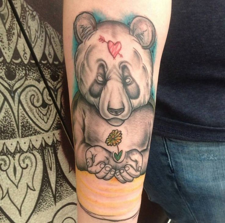 Very Nice Panda Holding Yellow flower Tattoo On Arm Sleeve
