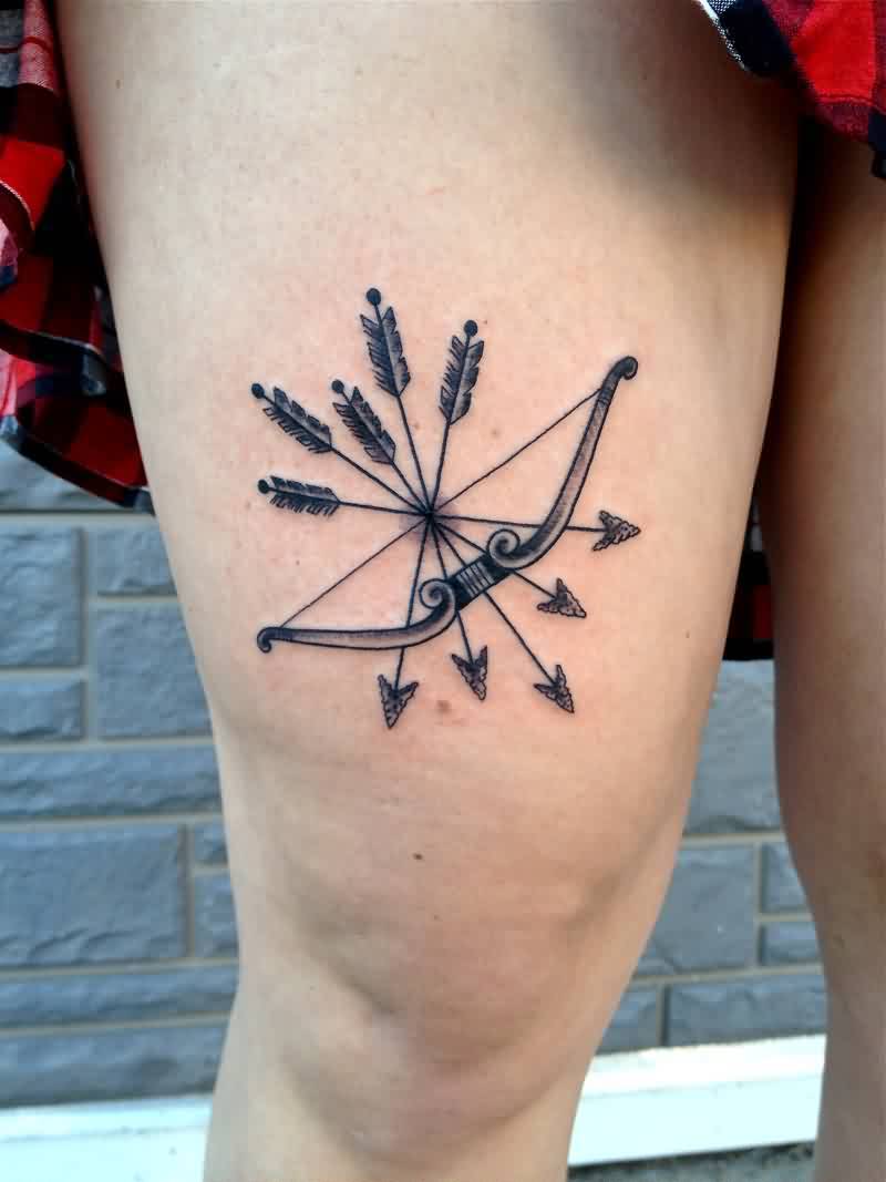 Vintage Bow And Arrow Tattoo On Thigh