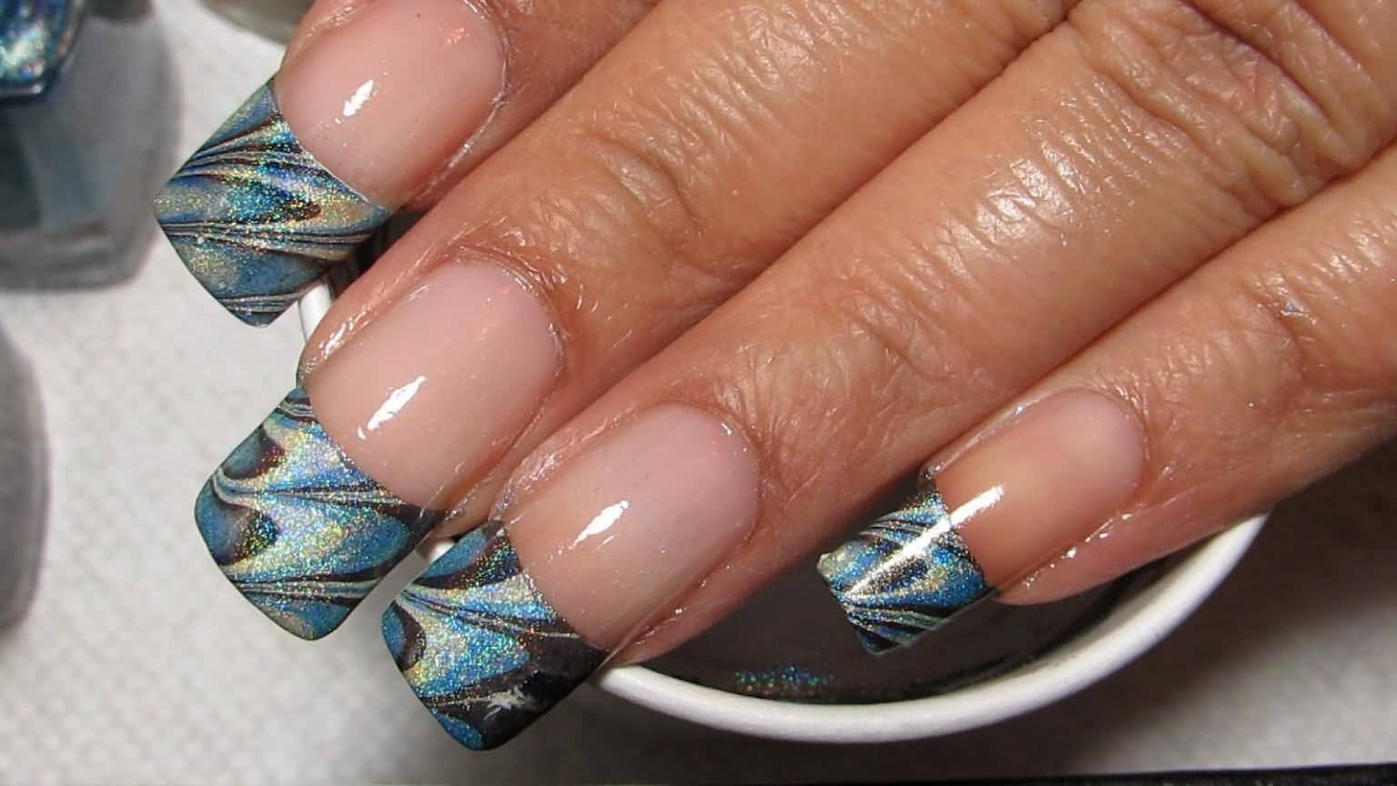 Water Marble French Tip Nail Art Design