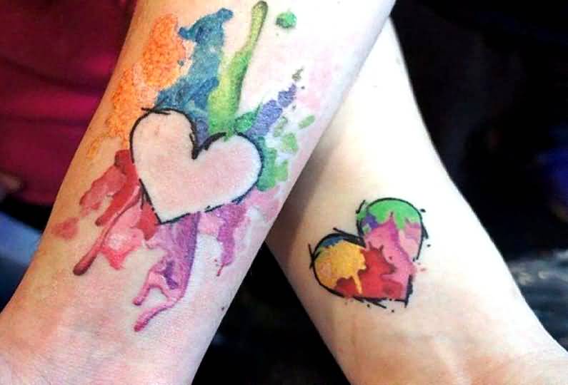 Watercolor Colorful Heart Matching Couple Tattoos