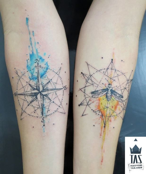Watercolor Compass Tattoos On Both Forearm