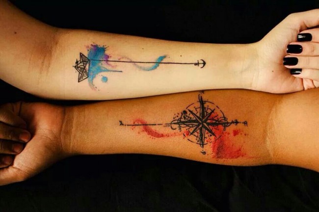 Watercolor Compass Tattoos On Forearm