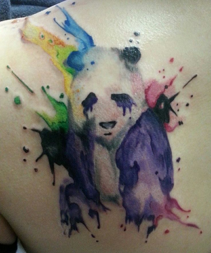 Watercolor Panda Tattoo On Left Side Upper Back