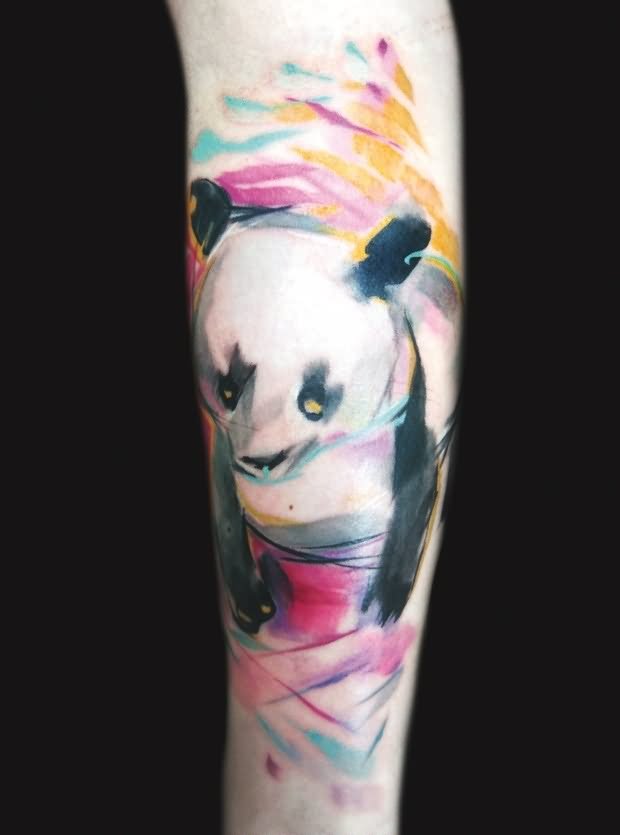 Watercolored Panda Bear Tattoo On Arm Sleeve