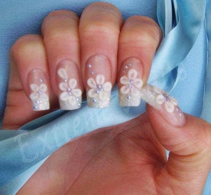White 3d Flower Nail Art With Glitter French Tip