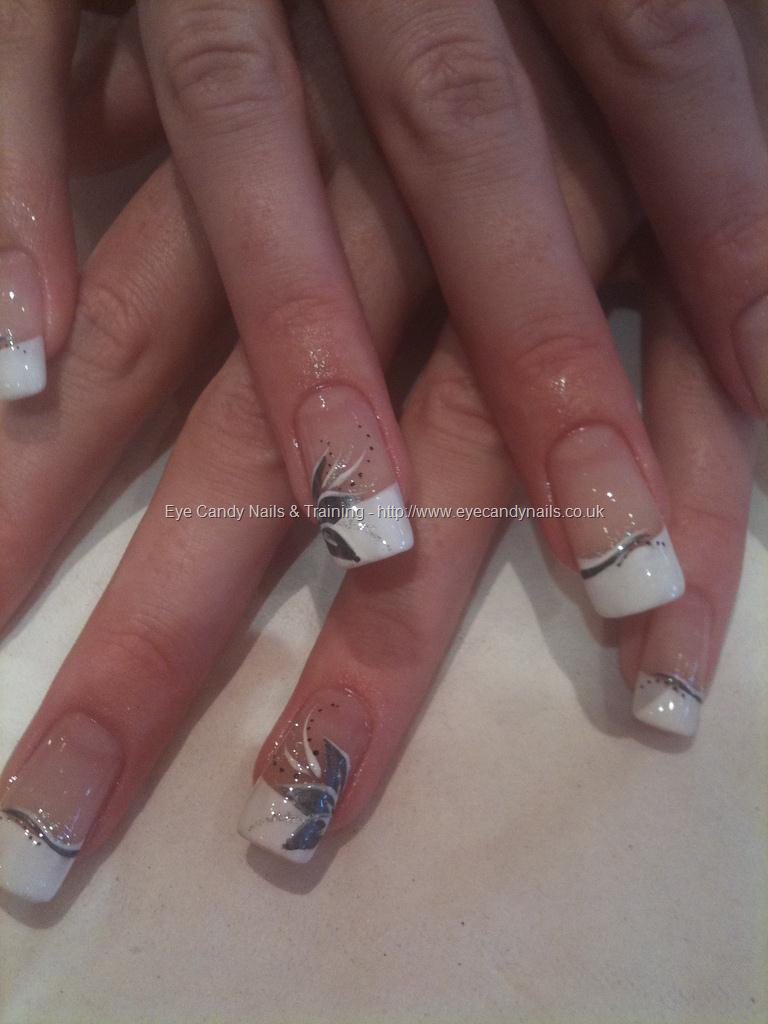 White Acrylic French Tip With Grey Flowers Design Nail Art