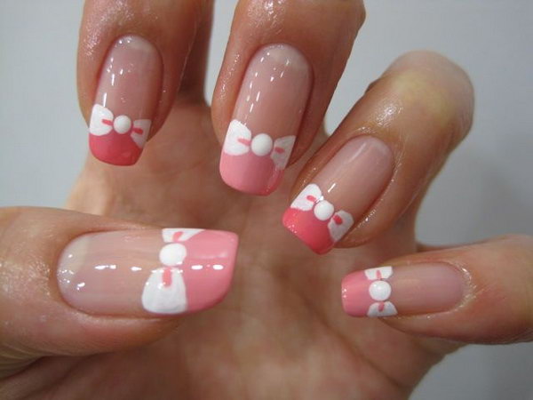 White And Pink Bow French Tip Nail Art