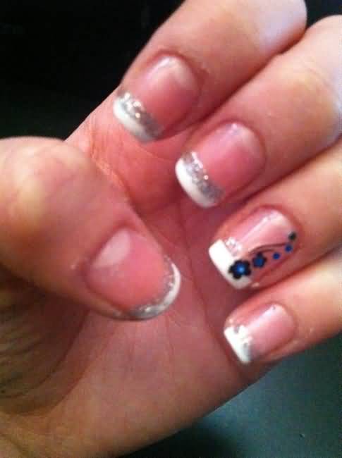 White And Silver Glitter French Tip Nail Art