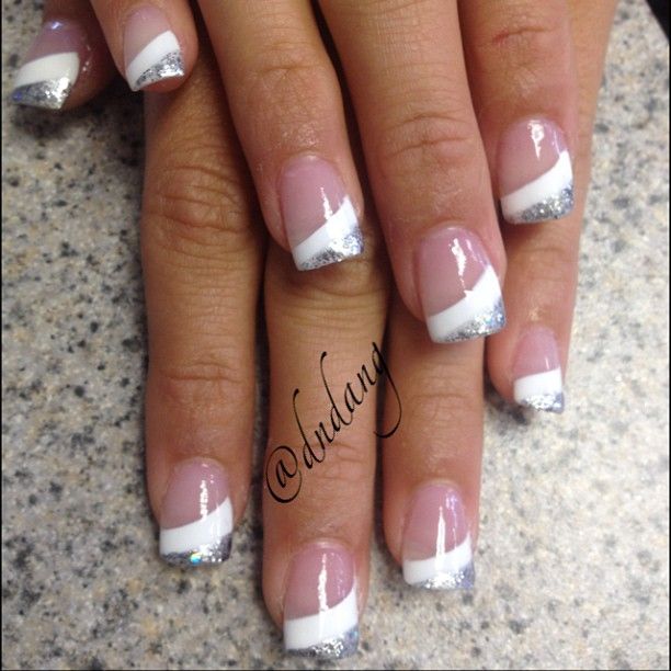 White And Silver Glitter French Tip Nail Design