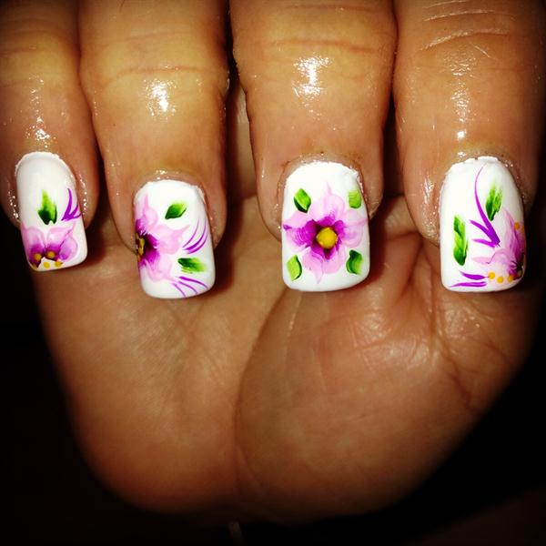 White Base Nails With Purple Flower Nail Art Design