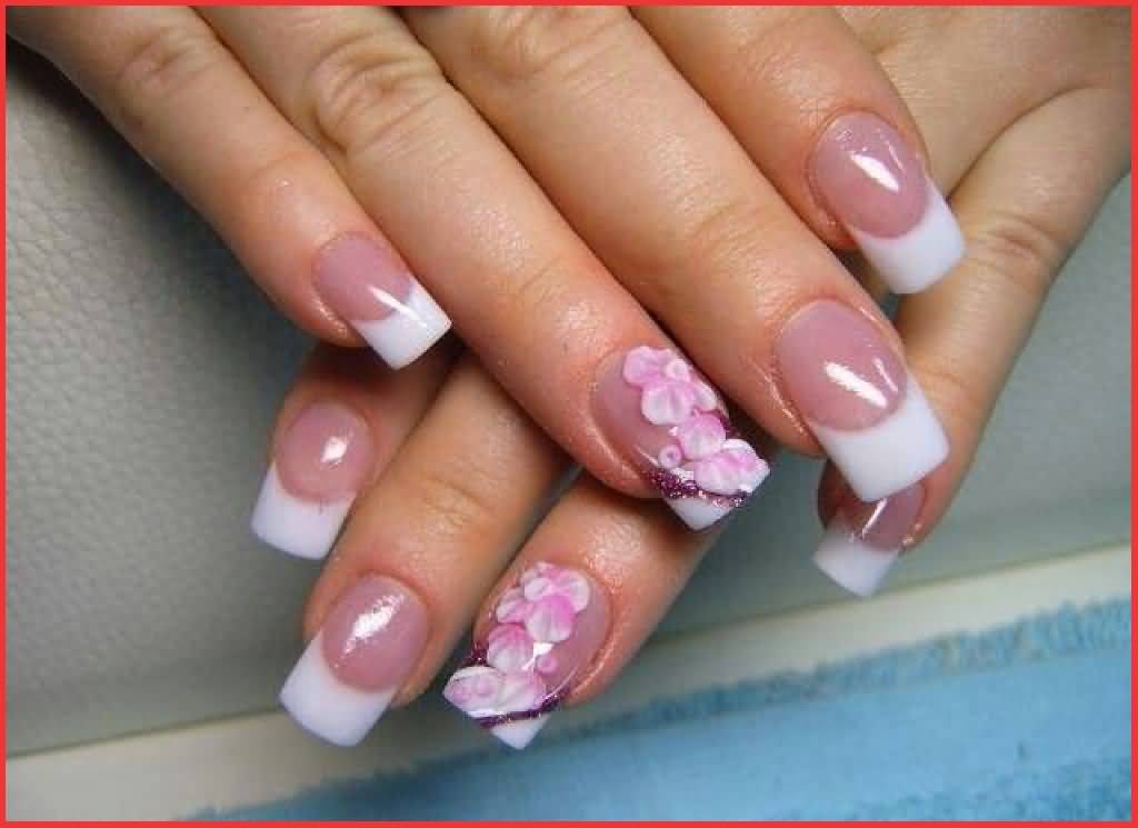 White French Tip And 3d Flowers Nail Design