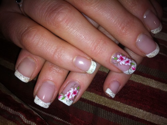 White French Tip Nail Art With Accent Pink Flowers Design