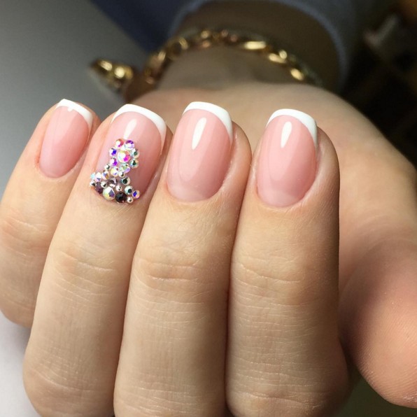 White French Tip Nail Art With Accent Rhinestones Design