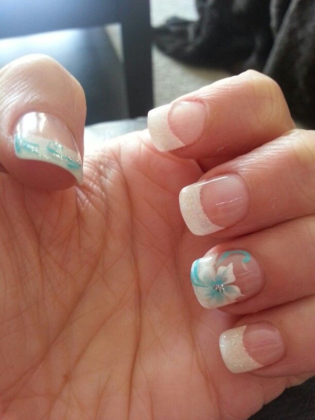 White French Tip Nail Art With Acrylic Flower Design
