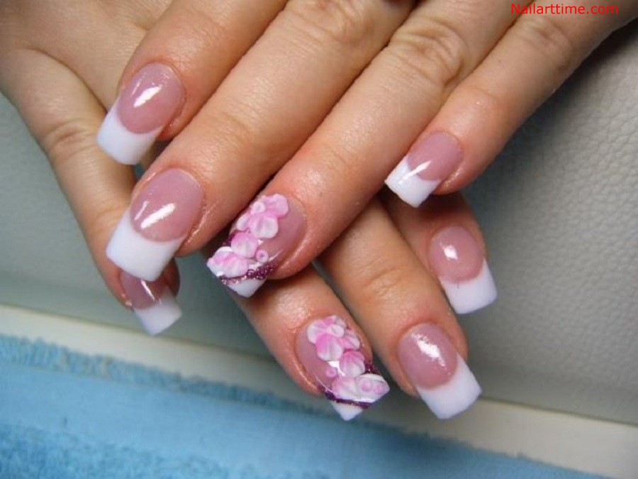 White French Tip Nail Art With Acrylic Flowers Design