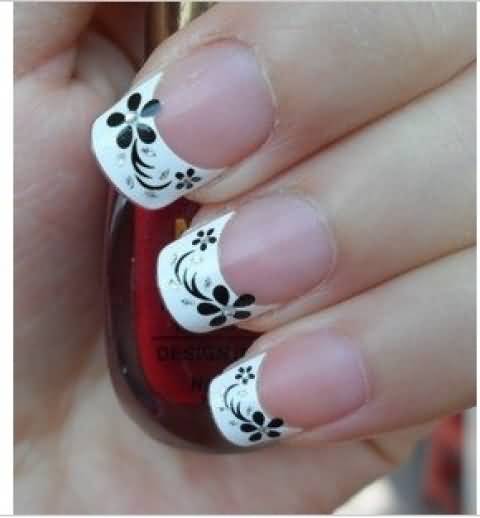 White French Tip Nail Art With Black Flowers Design