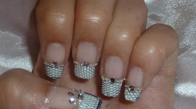 White French Tip Nail Art With Lace And Rhinestones