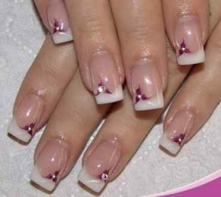 White French Tip Nail Art With Purple Flowers