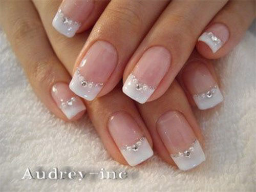 White French Tip Nail Art With Silver Glitter