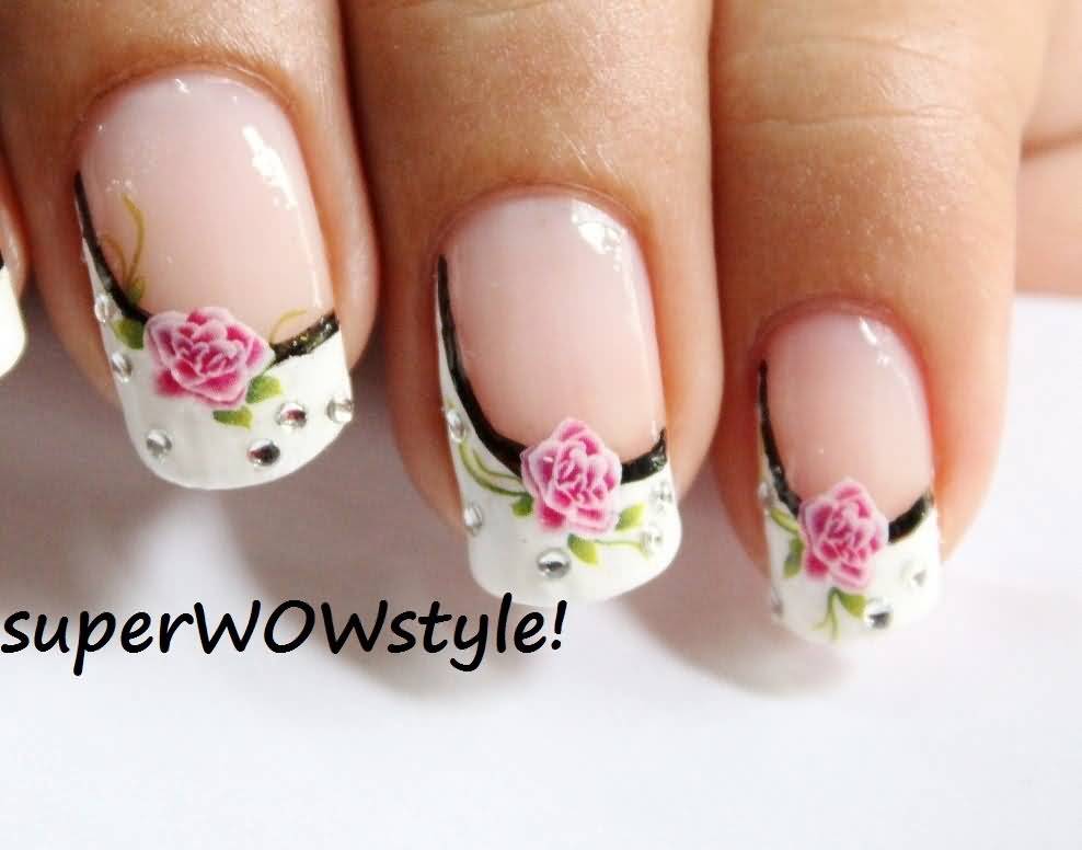 White French Tip Nail Design With Pink Rose Flowers